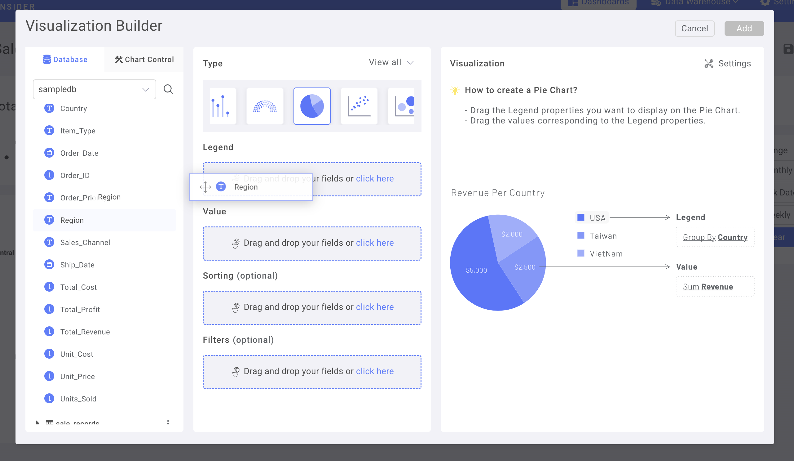 Интерфейс drag-and-drop, показывающий добавление колонки Region в поле Legend